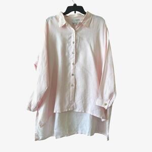 La Fixsun Pink Button Down Boyfriend Tunic Top 100% Linen Hi-Lo Women's Medium